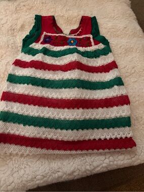 Girls Red, Green & White Striped Crochet Dress with Floral Bodice